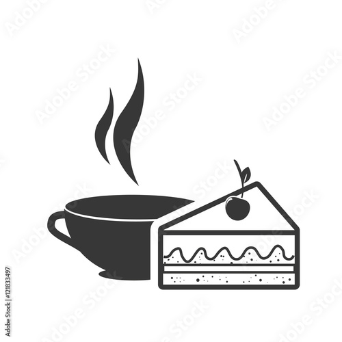 "coffee cup hot drink with piece of cake dessert icon silhouette
