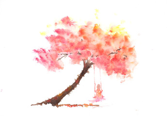 Abstract autumn tree with girl on swing, colorful watercolor hand painted, impressionist style
