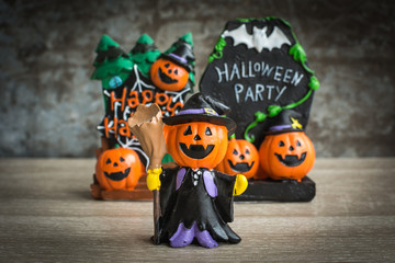 Halloween cartoon set on wooden background.