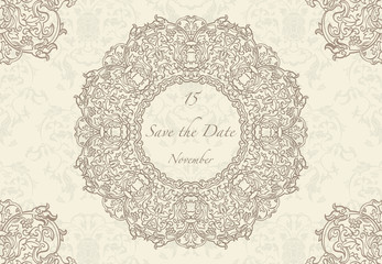 Card or wedding invitation with mandala pattern.Vector vintage hand-drawn highly detailed round mandala elements. Luxury lace festive ornament card. Islam, Arabic, Indian, Turkish, Ottoman motifs