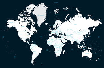 High detail political world map on a dark background and big cities. Vector