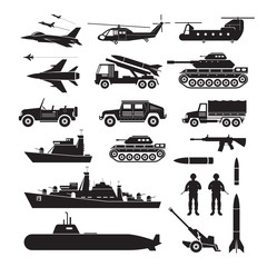 Military Vehicles Object Silhouette Set, Side View, Army, Air Force, Navy, Marine, Black and White Icons and Symbols