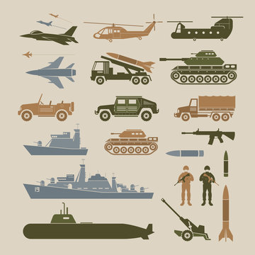 Military Vehicles Object Symbols Set, Side View, Army, Air Force, Navy, Marine, Icons