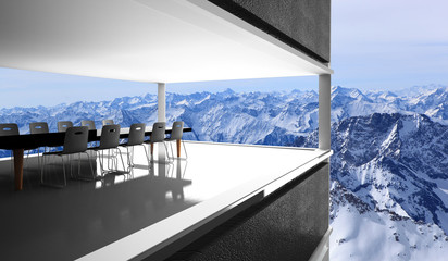 Fototapeta premium meeting room and Winter snow covered mountain Zugspitze in Germany Europe. Great place for winter sports /3D Rendering