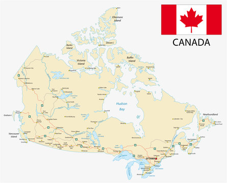 canada road vector map with flag
