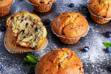Homemade Blueberry Muffins with powdered sugar, fresh berries.