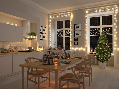 nordic kitchen with christmas decoration by night. 3d rendering