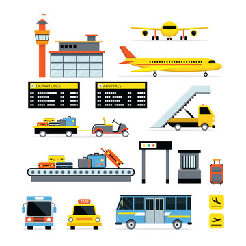 Airport Object Flat Design Set, Plane, Vehicles, Terminal, Transportation
