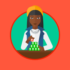 Woman building pyramid of network avatars.