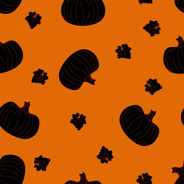 Halloween seamless pattern with dark pumpkin on a orange background. Vector