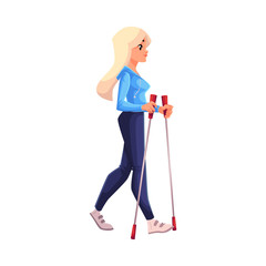Female nordic walker, cartoon style vector illustration isolated on white background. Young woman going in for nordic walking, full height portrait, side view. Female Nordic walker in sports suit