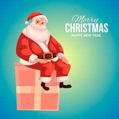 Cartoon style Santa Claus sitting on a gift box, Christmas vector greeting card. Full length portrait of Santa sitting on a present box on blue background, greeting card template for Christmas eve
