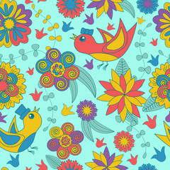 Seamless texture with flowers and birds, Endless floral pattern.