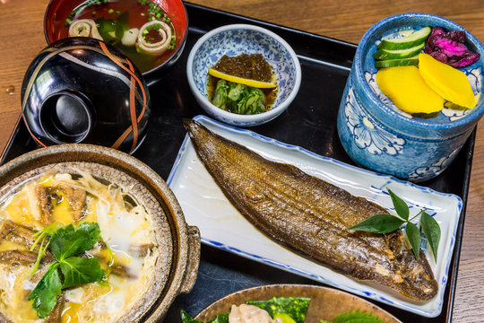 Luxurious Japanese meal set - broiled sole fish and boiled loach