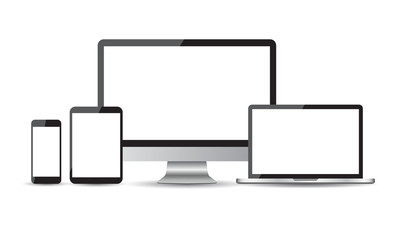 Realistic device flat Icons: smartphone, tablet, laptop and desktop computer. Vector illustration
