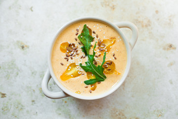 Raw, living food concept. Top view of cream soup made of buckwheat