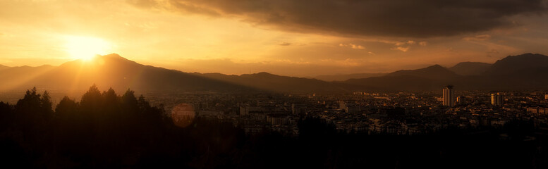 Panoramic and aerial view of Lijiang Old Town from Lijiang Lion Hill Scenic Area (Wan Gu Lou) located at Yunnan, China