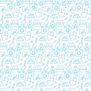 Seamless pattern with icons of cleaning items. Vector illustration.