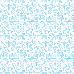 Seamless pattern with icons of medical items. Vector illustration.
