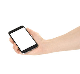 Smartphone in hand on white background