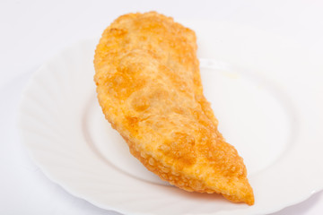 cheburek with lamb on white plate