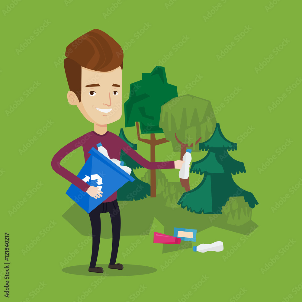 Poster man collecting garbage in forest.