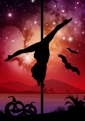 Black vector Halloween style silhouette of female pole dancer. performing pole moves in front of river and stars. Pole dancer in front of space background with Halloween elements.