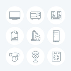 Appliances line icons on white, household consumer electronics, microwave oven, vacuum cleaner, kettle, tv, fan, fridge, hairdryer, washing machine, vector illustration