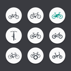 bicycle, cycling, retro bike, electric bike, fat-bike round icons set