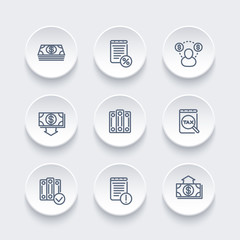 Bookkeeping line icons set, tax, payroll, cost, accounting
