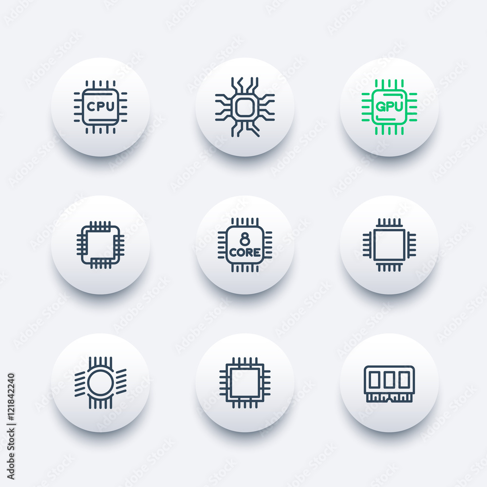 Poster chipset, cpu, microchip, gpu, 8-core processor line icons set