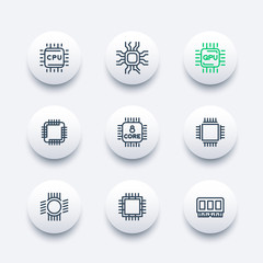 Chipset, cpu, microchip, gpu, 8-core processor line icons set