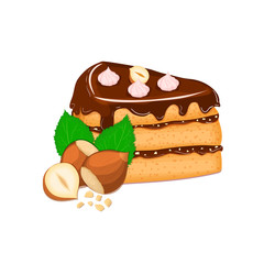 Piece of cake with nuts. Vector sliced portion of sponge cake with creamy hazelnut layer, decorated with chocolate cream and crushed walnut on white background for menu design, coffee, confectionery