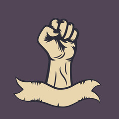 fist raised in protest and ribbon, vintage vector illustration