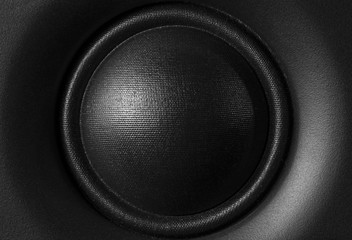 Black and white, frontal image of a high-frequency audio speaker.