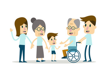 Happy Family and elderly care. flat character design. vector illustration