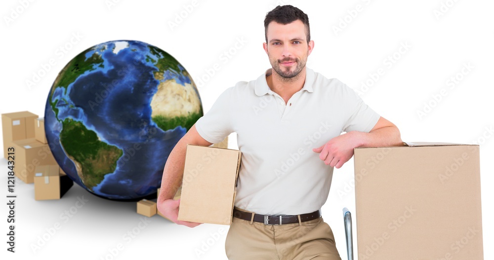 Poster composite image of delivery man with trolley of boxes