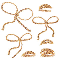 Watercolor hand drawn background with the bow-knot of the linen rope. Set of cable ropes. Jute rope with bow watercolor. Twine. Isolated illustration on white background.