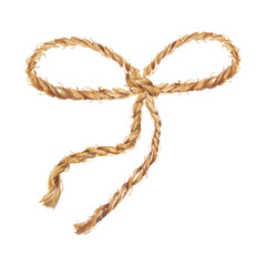 Watercolor hand drawn background with the bow-knot of the linen rope. Brown cable. The jute rope. Twine. Isolated illustration on white background.