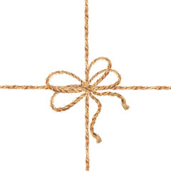 Watercolor hand drawn background with the bow-knot of the linen rope. Tie boxes for gifts. Jute rope with bow watercolor. Twine. Isolated illustration on white background.