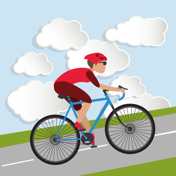flat design cyclist, with clouds background image vector illustration