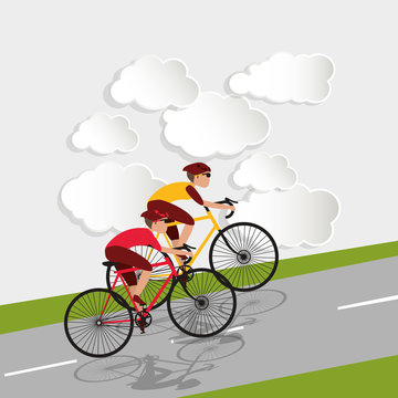 flat design cyclist, with clouds background image vector illustration