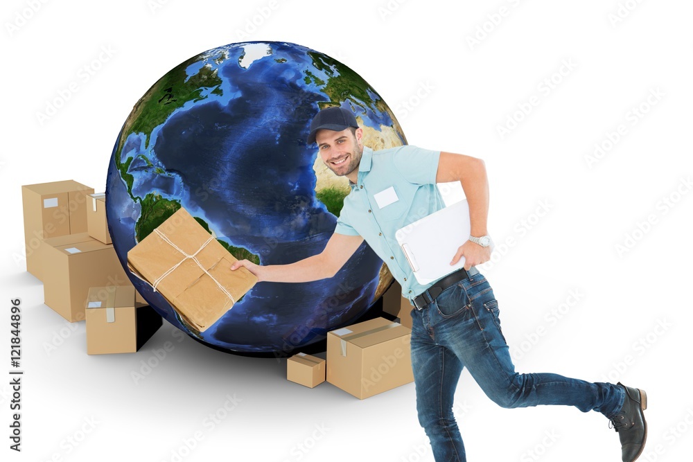 Poster composite image of happy delivery man running with package