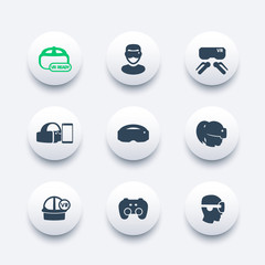 virtual reality icons set, VR headset, glasses, vr ready pictogram, vector illustration