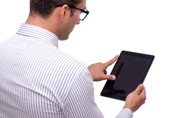 Handsome businessman working with tablet computer isolated on wh