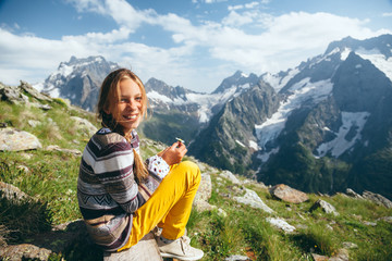 Fototapeta na wymiar Child hiker, alpine view