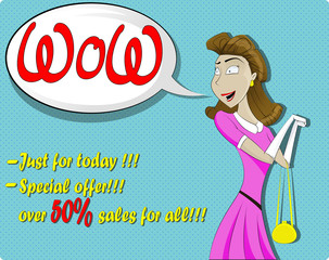 Cute surprised woman in cartoon comics style.