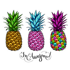 Image with three multicolored pineapples fruit lettering awesome on white background. Print t-shirt, graphic element for your design. Vector illustration.