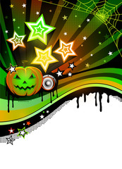Halloween disco party poster with pumpkin, stars and place for text.  Colorful halftone background. Template for flyer, invitations, banners. EPS-10