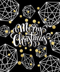 Christmas Greeting Card with handdrawn lettering. Golden, black and white colors. Trend design element for xmas decorations and posters. Vector illustration